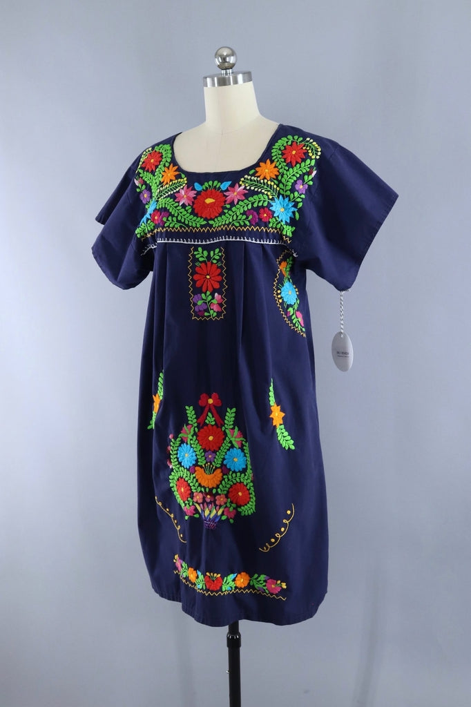 Vintage Navy Blue Embroidered Mexican Caftan Dress - ThisBlueBird