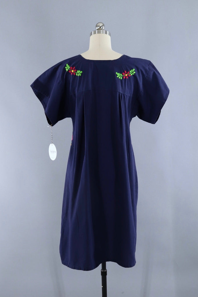 Vintage Navy Blue Embroidered Mexican Caftan Dress - ThisBlueBird