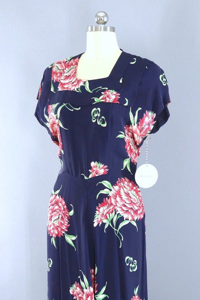 Vintage Navy Blue Floral Print Dress-ThisBlueBird - Modern Vintage