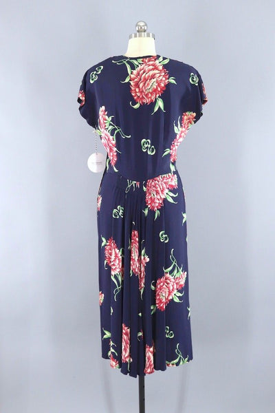 Vintage Navy Blue Floral Print Dress-ThisBlueBird - Modern Vintage