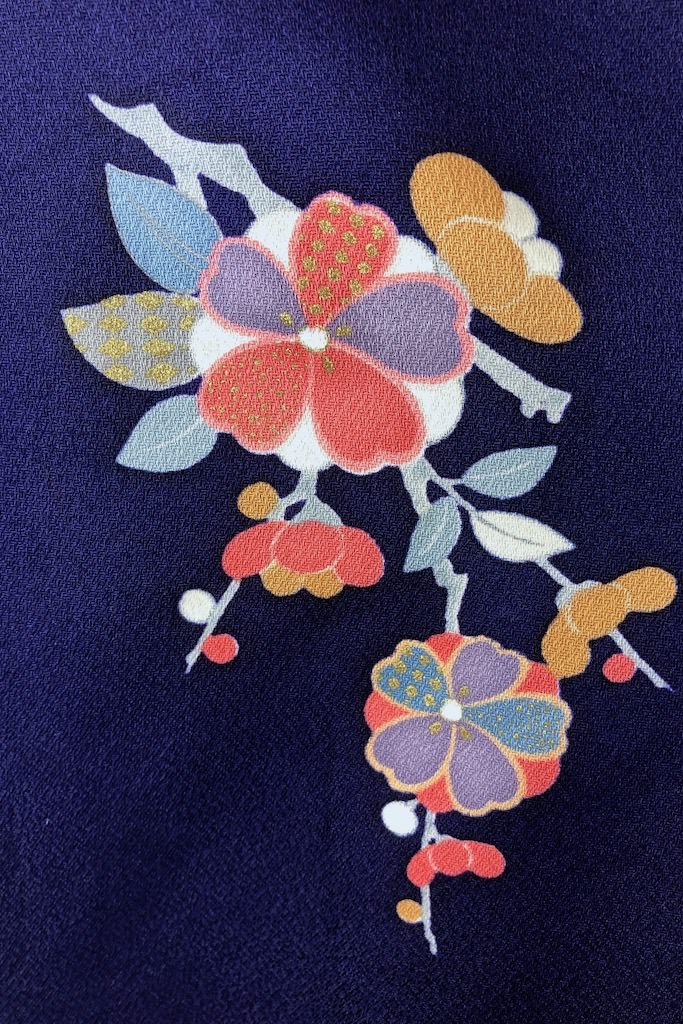 Vintage Navy Blue Floral Silk Kimono Robe-ThisBlueBird - Modern Vintage