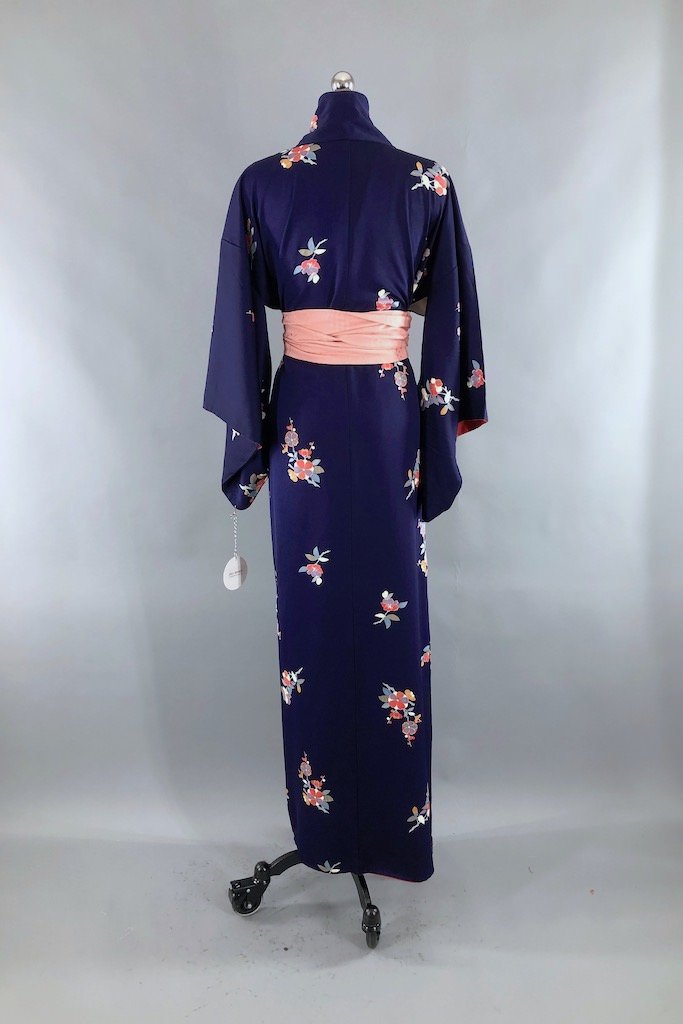 Vintage Navy Blue Floral Silk Kimono Robe-ThisBlueBird - Modern Vintage