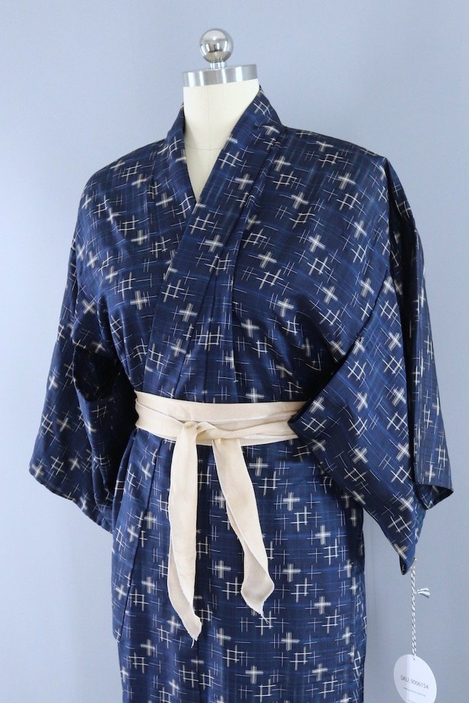 Vintage Navy Blue Ikat Raw Silk Kimono Robe-ThisBlueBird - Modern Vintage
