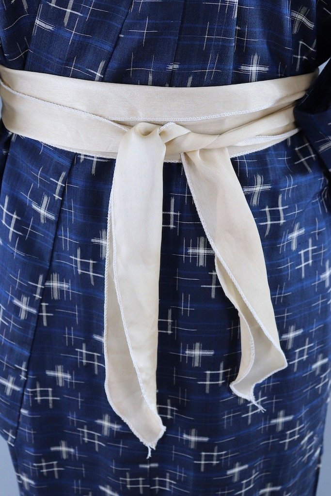 Vintage Navy Blue Ikat Raw Silk Kimono Robe-ThisBlueBird - Modern Vintage