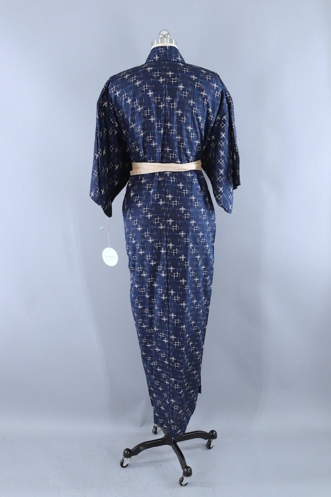 Vintage Navy Blue Ikat Raw Silk Kimono Robe-ThisBlueBird - Modern Vintage