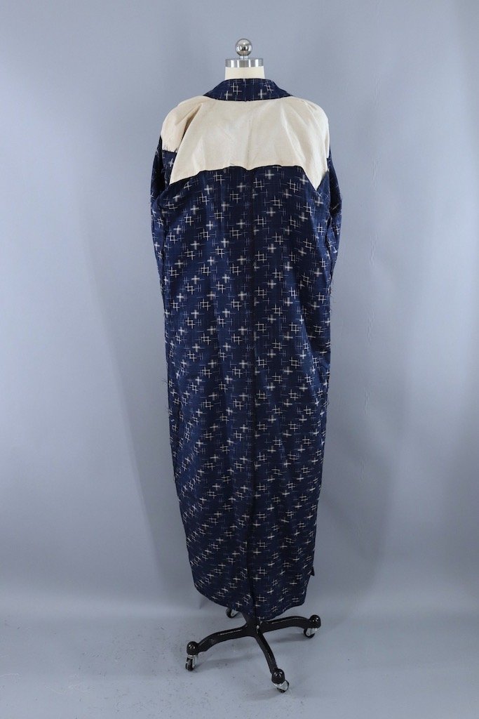 Vintage Navy Blue Ikat Raw Silk Kimono Robe-ThisBlueBird - Modern Vintage