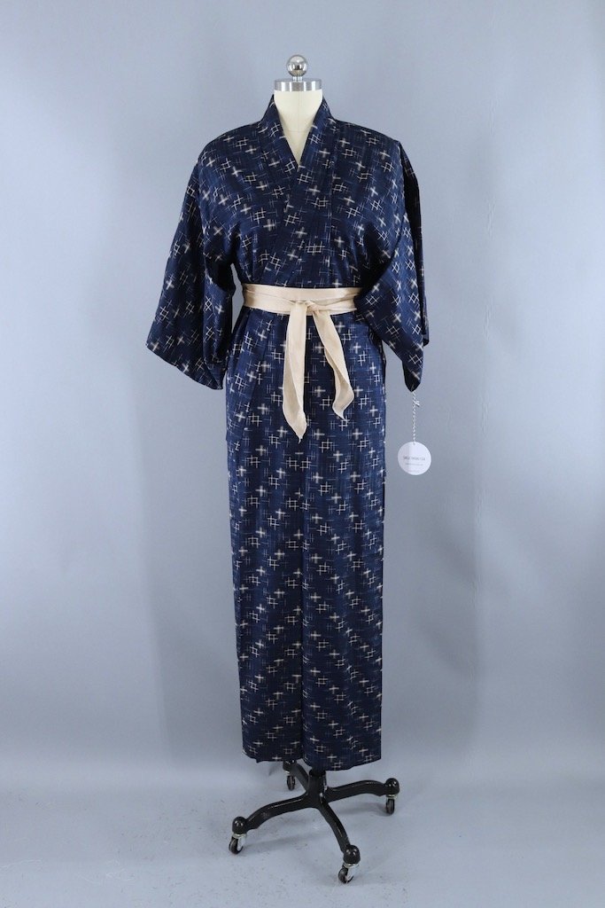 Vintage Navy Blue Ikat Raw Silk Kimono Robe-ThisBlueBird - Modern Vintage