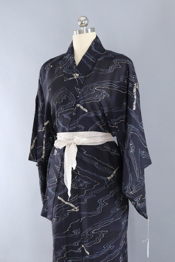Vintage Navy Blue Marble Summer Kimono Robe-ThisBlueBird - Modern Vintage
