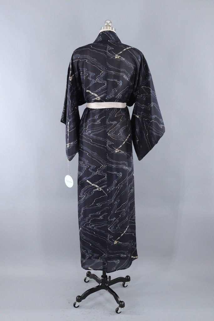 Vintage Navy Blue Marble Summer Kimono Robe-ThisBlueBird - Modern Vintage