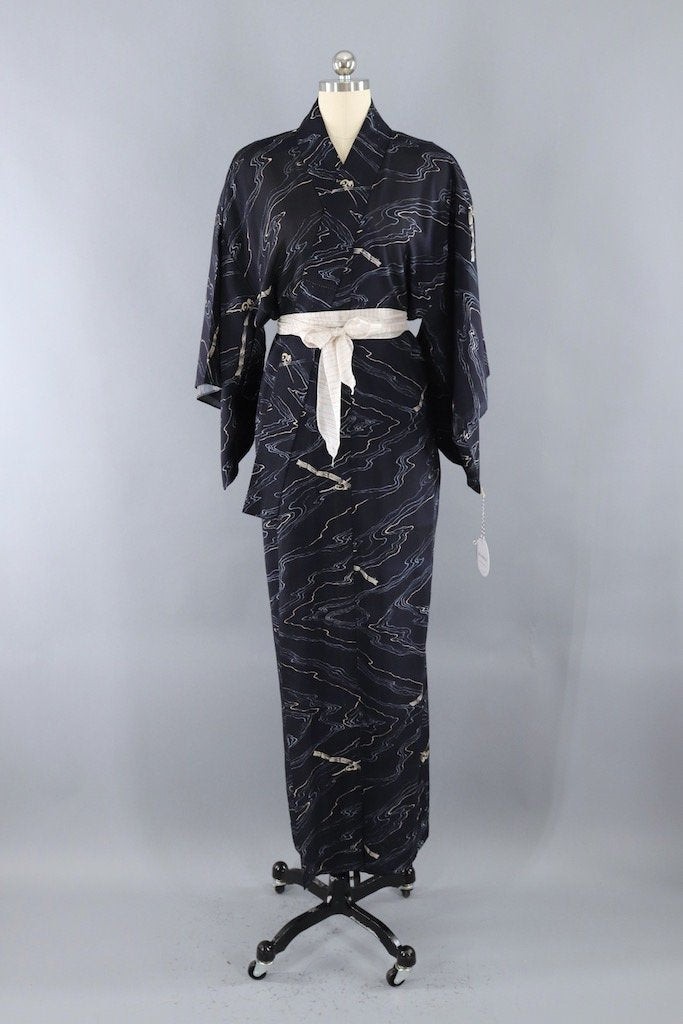 Vintage Navy Blue Marble Summer Kimono Robe-ThisBlueBird - Modern Vintage