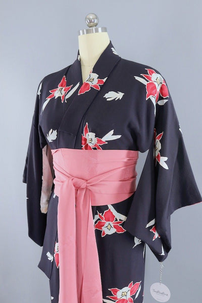 Vintage Navy Blue Orchids Silk Kimono Robe-ThisBlueBird - Modern Vintage