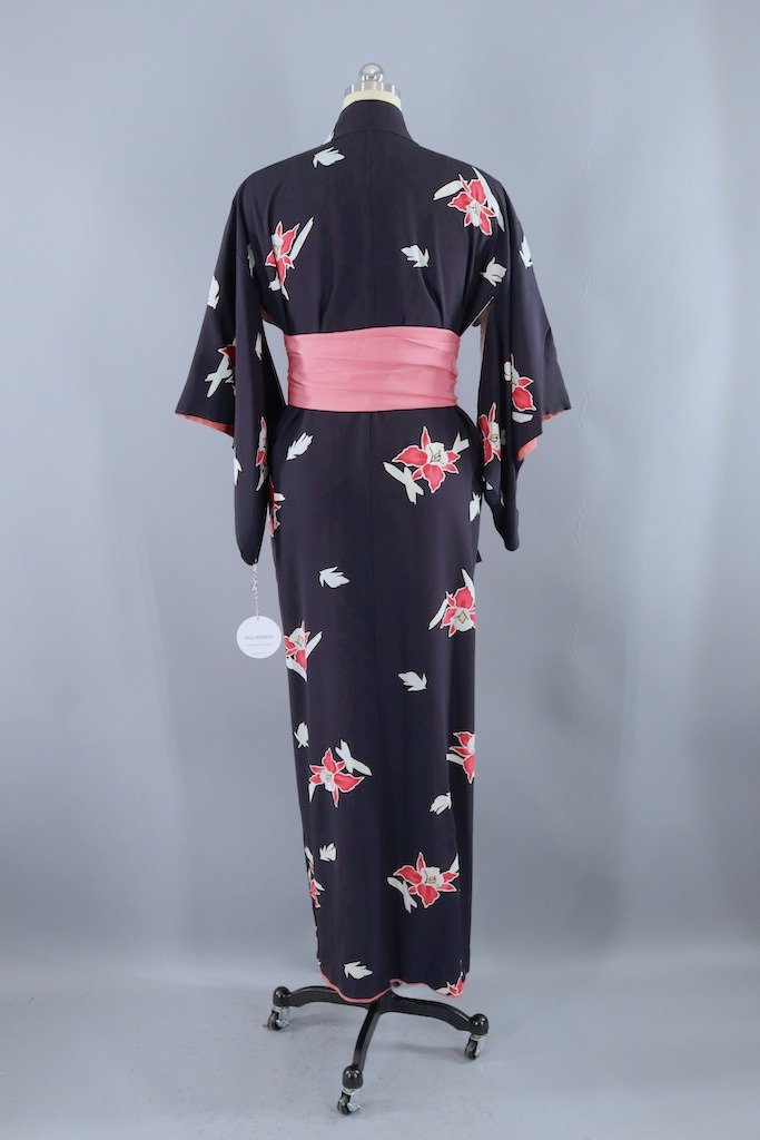 Vintage Navy Blue Orchids Silk Kimono Robe-ThisBlueBird - Modern Vintage