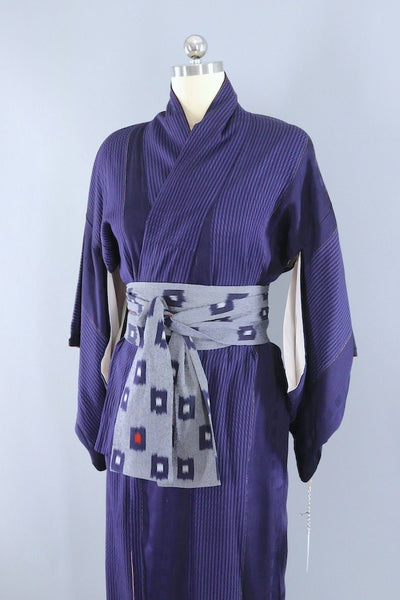 Vintage Navy Blue Pinstripe Silk Kimono Robe-ThisBlueBird - Modern Vintage