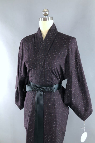 Vintage Navy & Brown Ikat Raw Silk Kimono Robe-ThisBlueBird - Modern Vintage