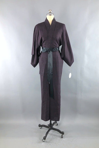 Vintage Navy & Brown Ikat Raw Silk Kimono Robe-ThisBlueBird - Modern Vintage