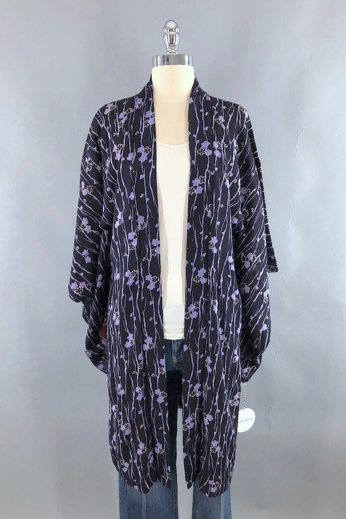 Vintage Navy Cherry Blossom Silk Kimono Cardigan-ThisBlueBird - Modern Vintage