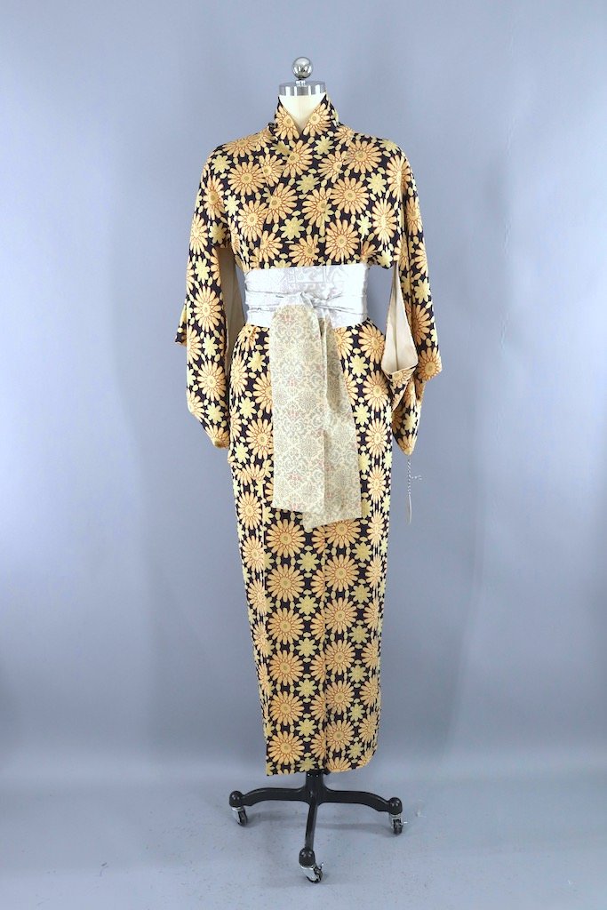 Vintage Navy Floral Silk Kimono Robe-ThisBlueBird - Modern Vintage