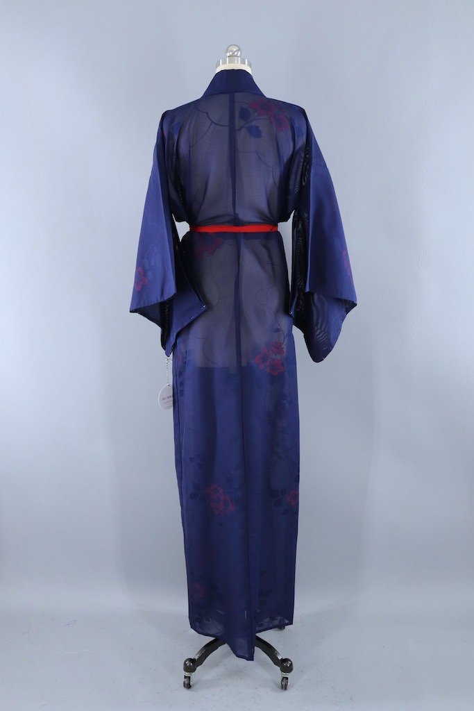 Vintage Navy & Red Floral Kimono Robe ThisBlueBird