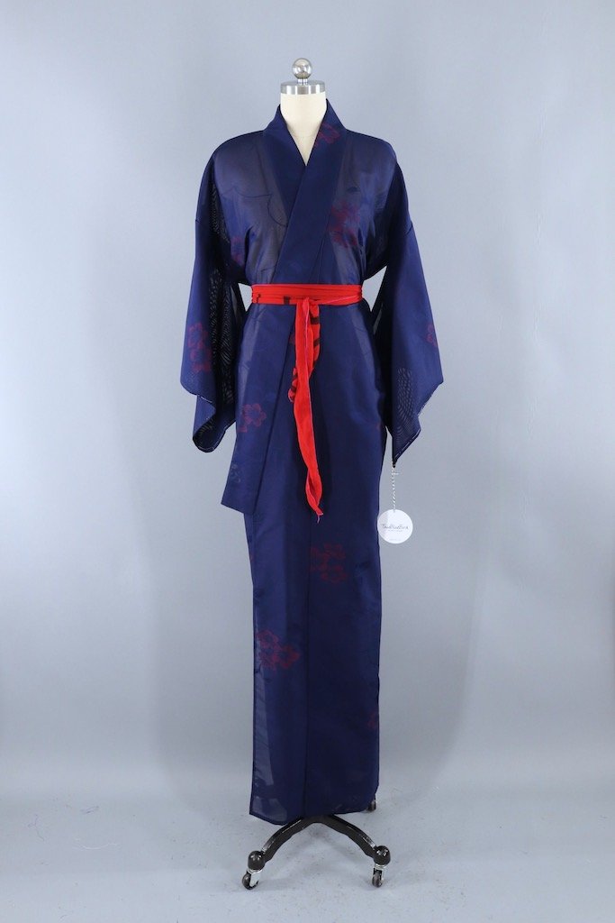 Vintage Navy & Red Floral Kimono Robe ThisBlueBird