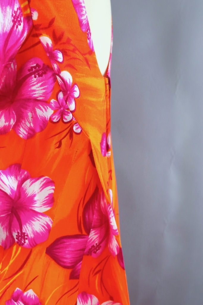 Vintage Neon Orange Hawaiian Print Dress-ThisBlueBird