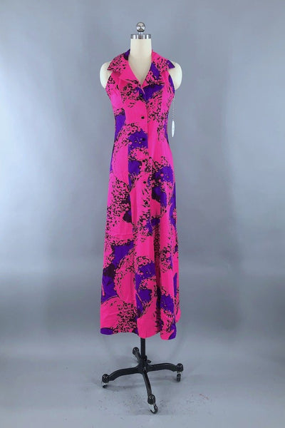 Vintage Neon Pink Hawaiian Halter Dress-ThisBlueBird - Modern Vintage