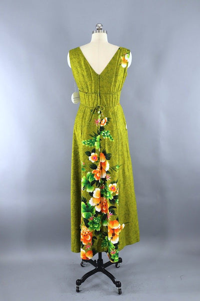 Vintage Olive Green Hawaiian Maxi Dress-ThisBlueBird - Modern Vintage