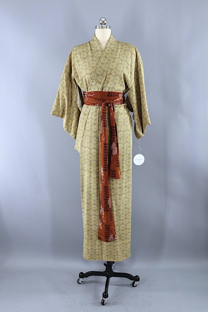 Vintage Olive Green Silk Kimono Robe-ThisBlueBird - Modern Vintage
