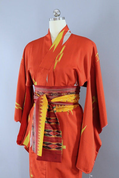 Vintage Orange and Gold Ikat Silk Kimono Robe-ThisBlueBird - Modern Vintage