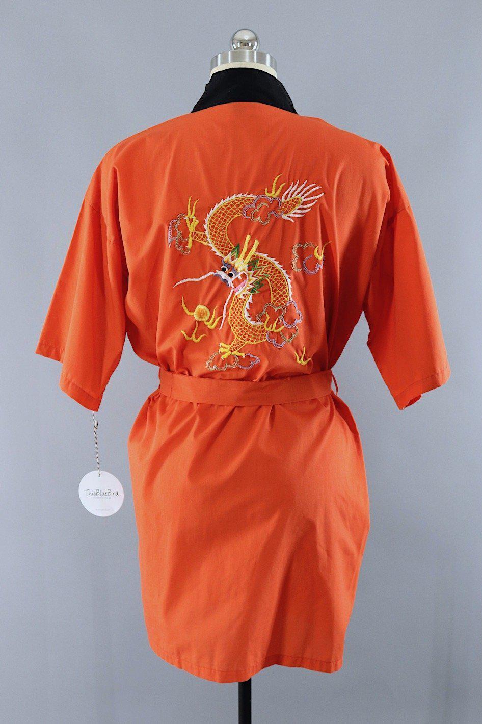 Vintage Orange Cotton Dragon Embroidered Robe - ThisBlueBird