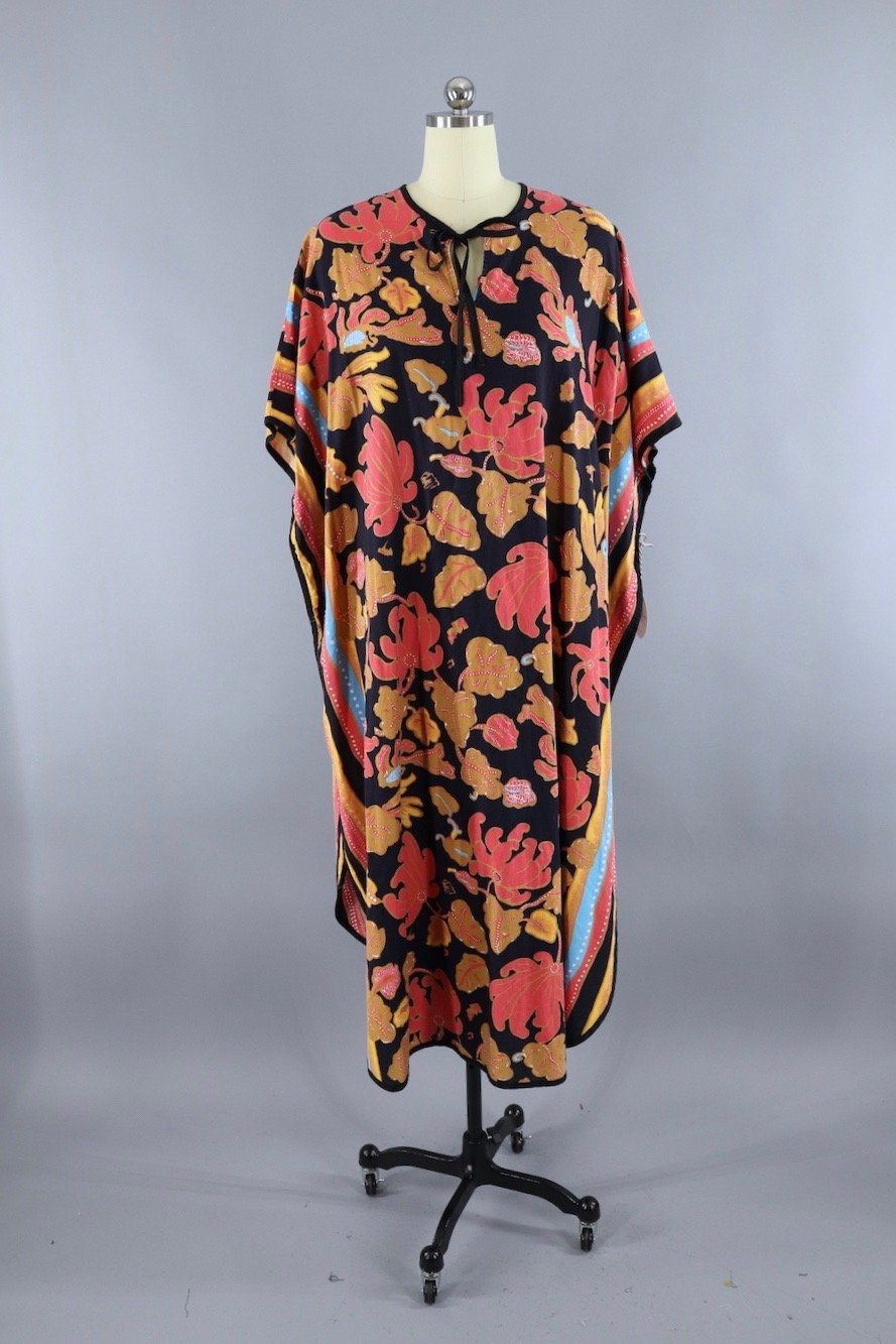 Vintage Orange Floral Print Cotton Caftan Dress - ThisBlueBird