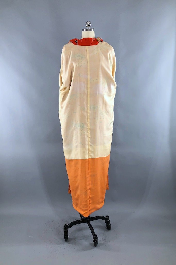 Vintage Orange Floral Print Silk Kimono Robe-ThisBlueBird - Modern Vintage