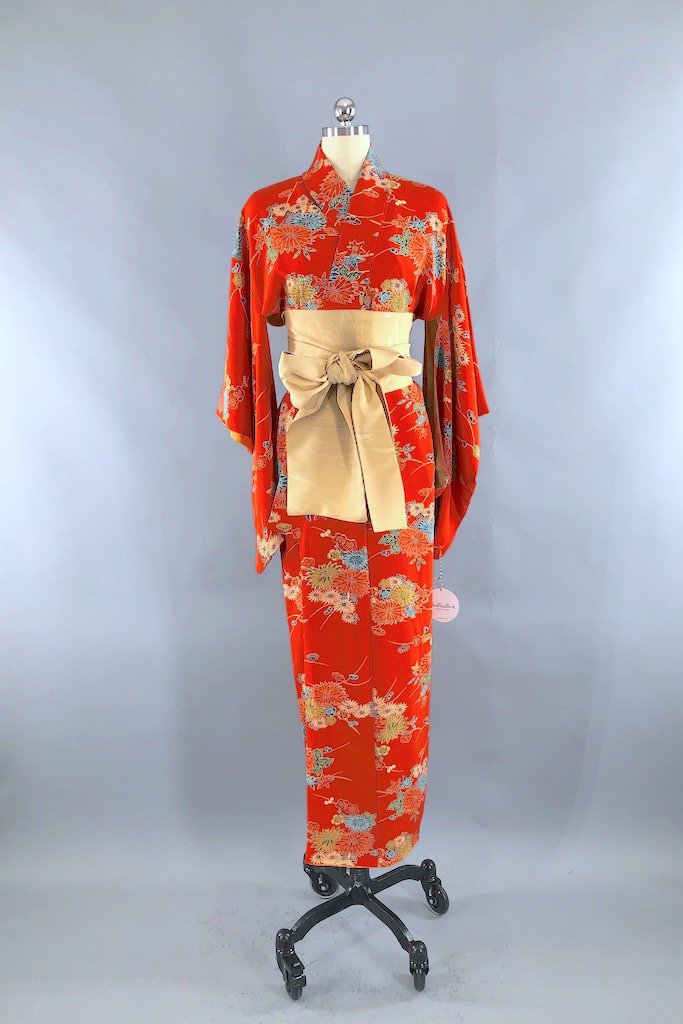 Vintage Orange Floral Print Silk Kimono Robe-ThisBlueBird - Modern Vintage