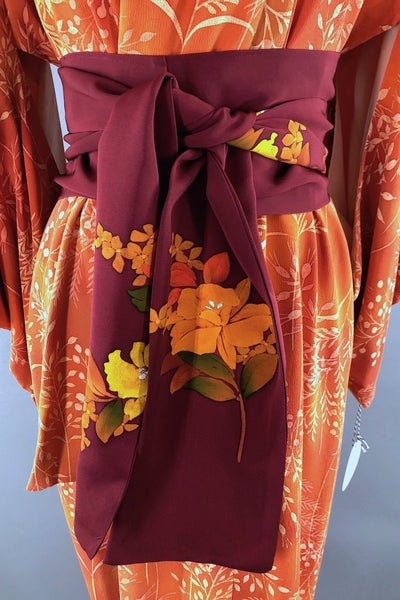 Vintage Orange Floral Print Silk Kimono-ThisBlueBird - Modern Vintage