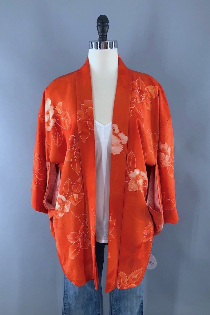 Vintage Orange Floral Silk Kimono Cardigan Jacket-ThisBlueBird - Modern Vintage