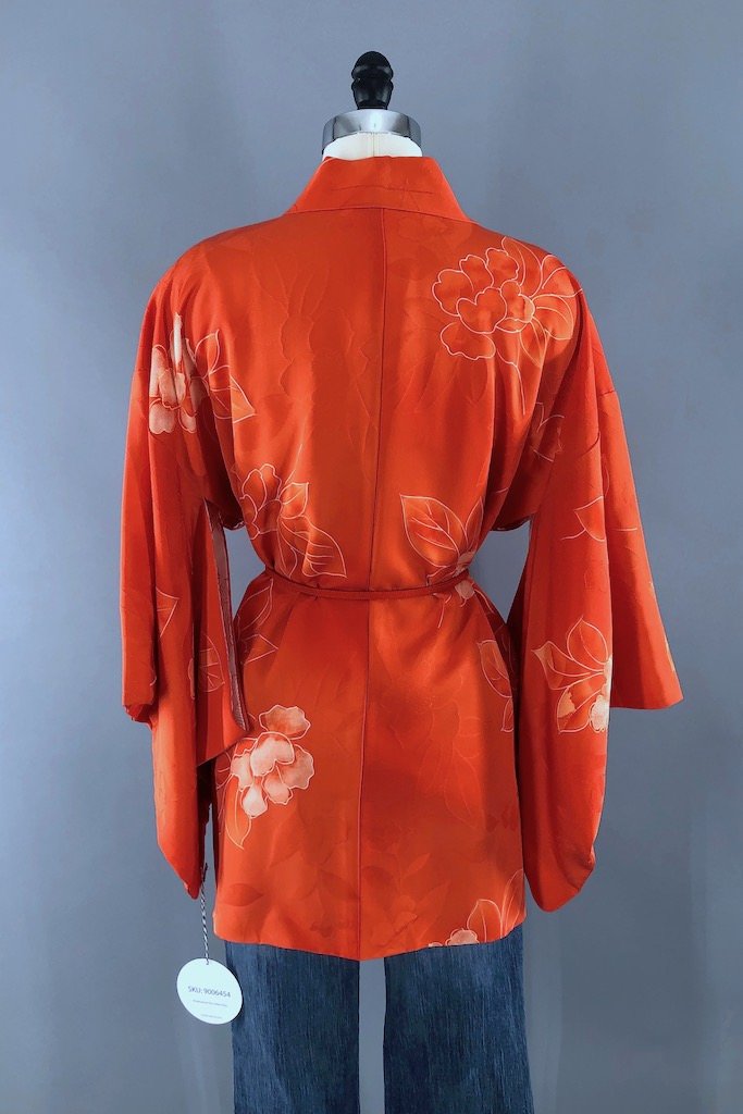 Vintage Orange Floral Silk Kimono Cardigan Jacket-ThisBlueBird - Modern Vintage