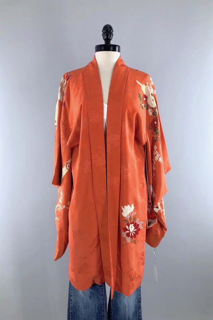 Vintage Orange Floral Silk Kimono Cardigan-ThisBlueBird - Modern Vintage
