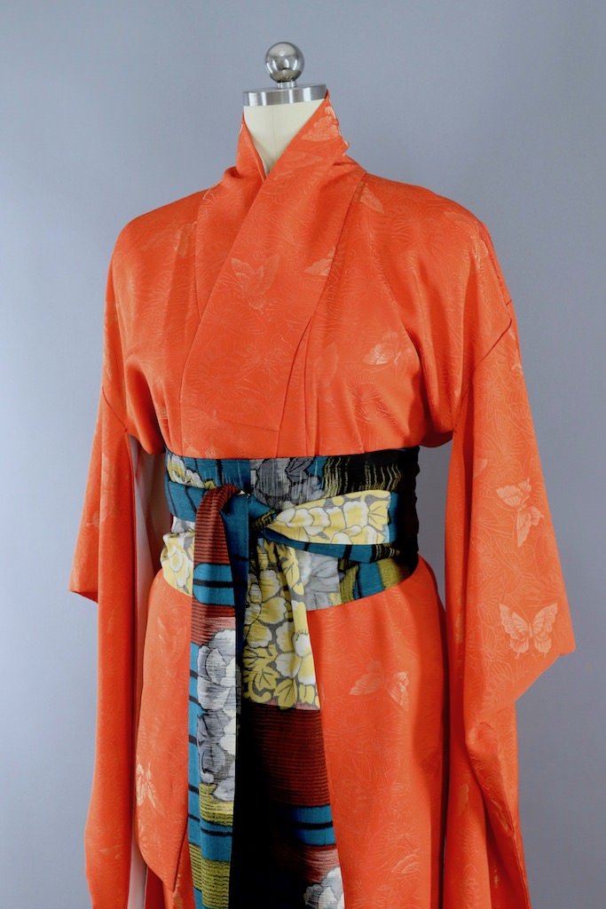 Vintage Orange Gold Butterflies Silk Kimono Robe-ThisBlueBird - Modern Vintage