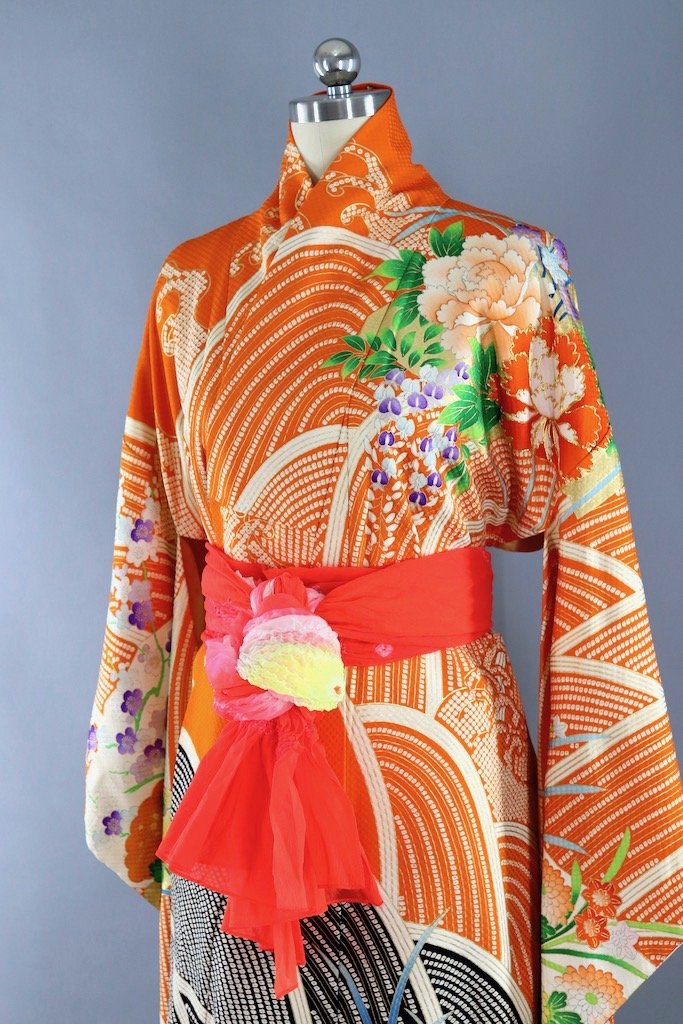 Vintage Orange & Gold Silk Kimono Robe-ThisBlueBird - Modern Vintage