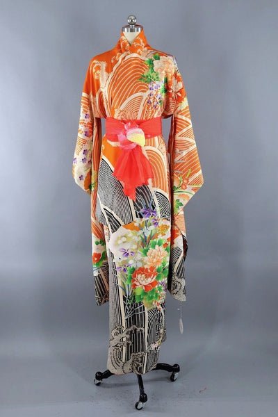 Vintage Orange & Gold Silk Kimono Robe-ThisBlueBird - Modern Vintage