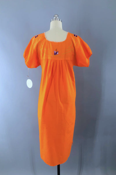 Vintage Orange Mexican Embroidered Caftan Dress-ThisBlueBird - Modern Vintage