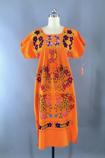 Vintage Orange Mexican Embroidered Caftan Dress-ThisBlueBird - Modern Vintage