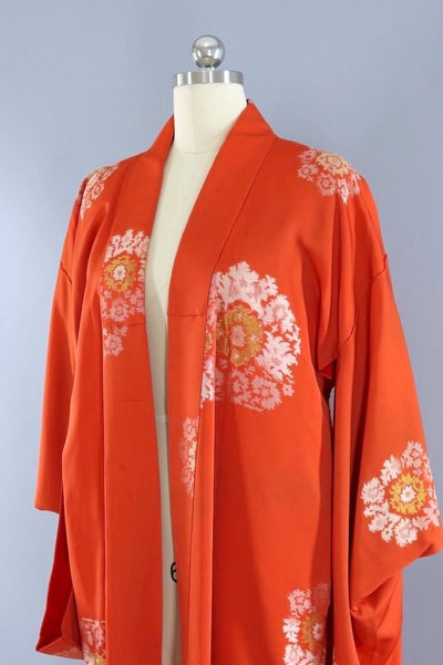 Vintage Orange Omeshi Embroidered Silk Kimono Robe-ThisBlueBird - Modern Vintage