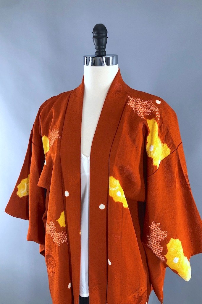Vintage Orange Shibori Silk Kimono Cardigan-ThisBlueBird - Modern Vintage