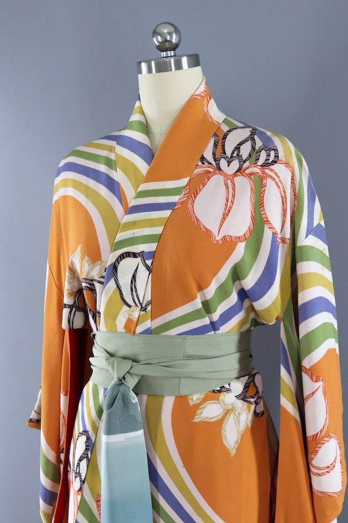 Vintage Orange Waves Silk Kimono Robe ThisBlueBird