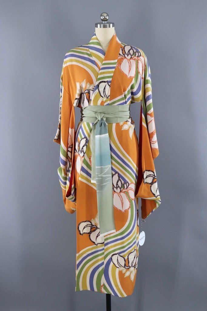 Vintage Orange Waves Silk Kimono Robe ThisBlueBird