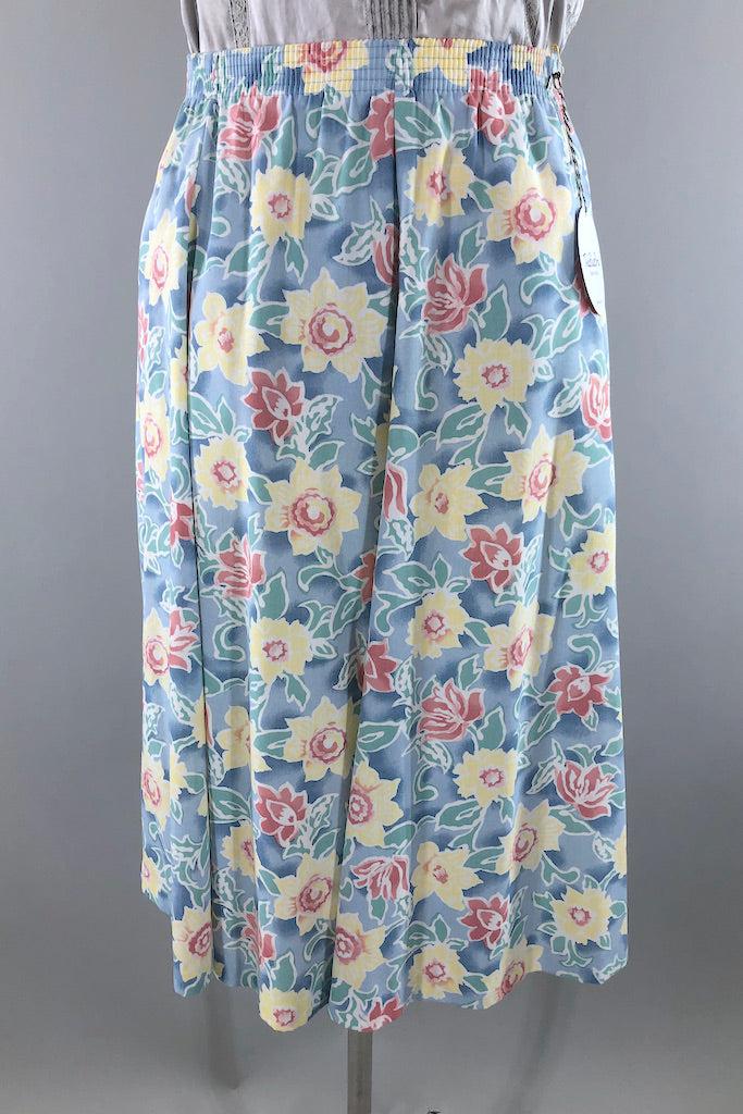 Vintage Pastel Blue Floral Print Skirt-ThisBlueBird