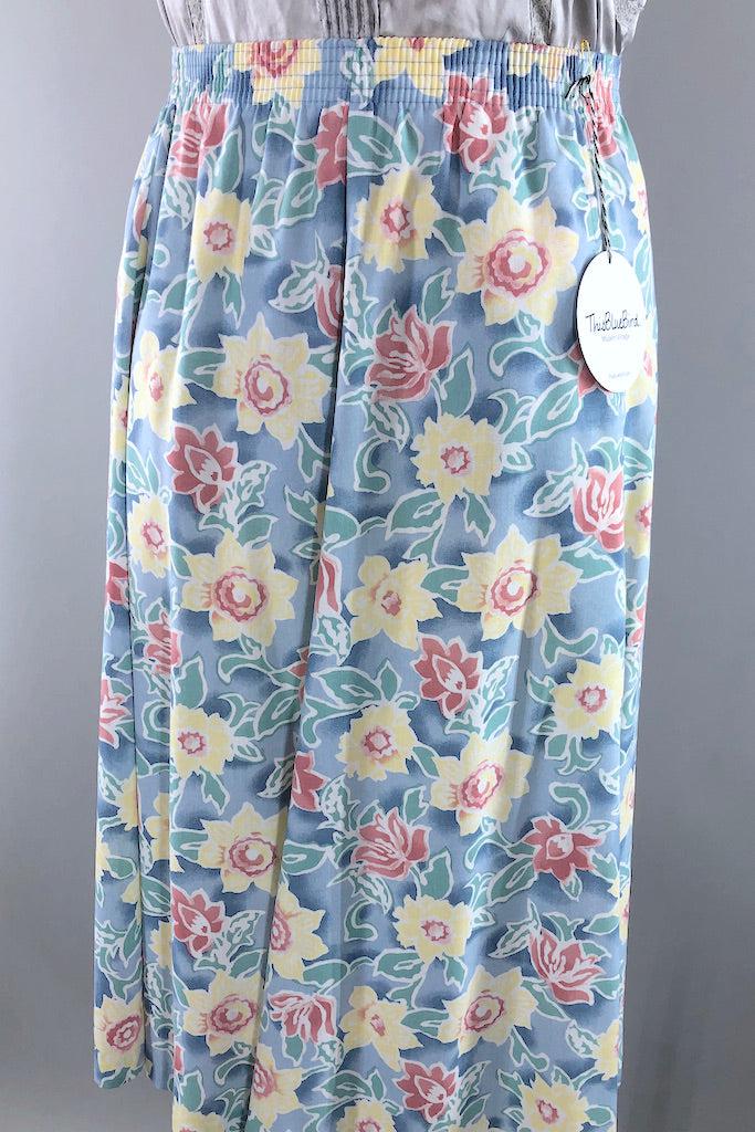 Vintage Pastel Blue Floral Print Skirt-ThisBlueBird