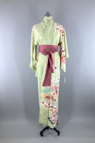 Vintage Pastel Green Maple Leaf Silk Kimono Robe-ThisBlueBird - Modern Vintage