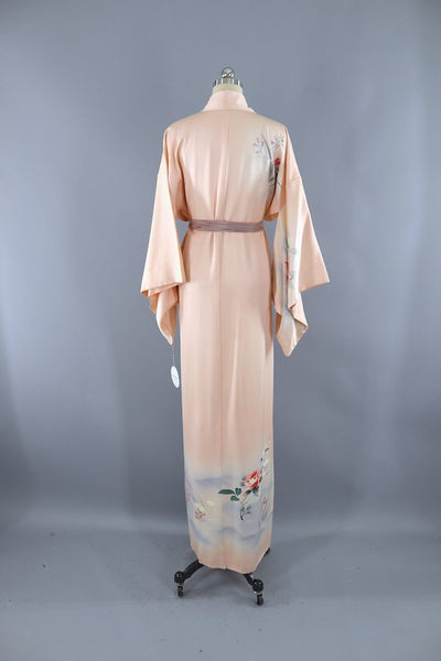 Vintage Pastel Peach Floral Silk Kimono Robe-ThisBlueBird - Modern Vintage