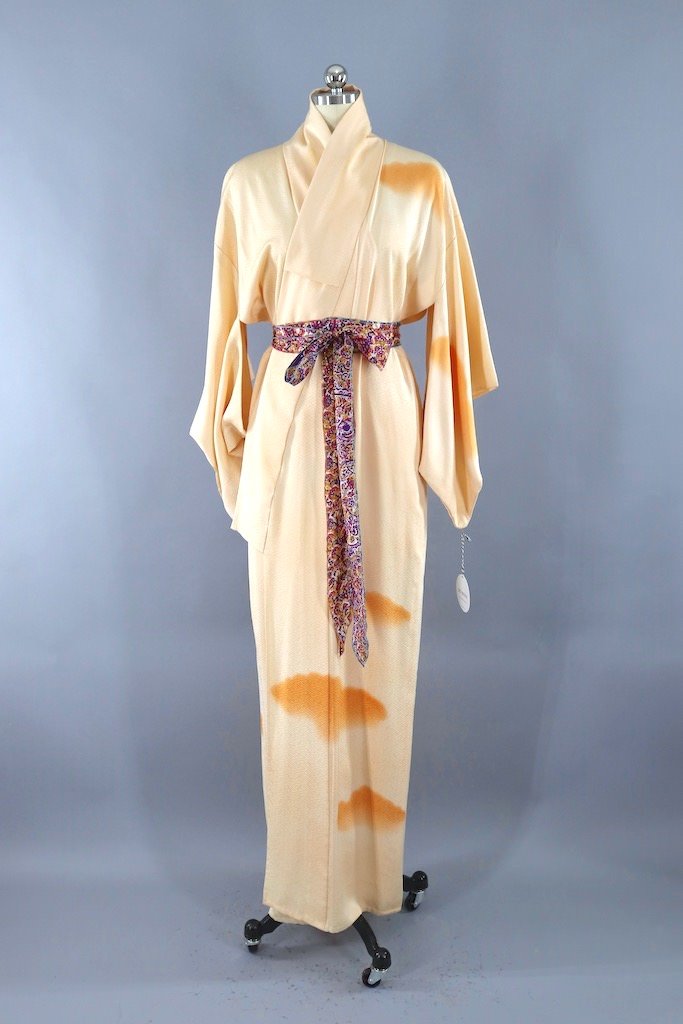 Vintage Pastel Yellow Ombre Silk Kimono Robe-ThisBlueBird - Modern Vintage